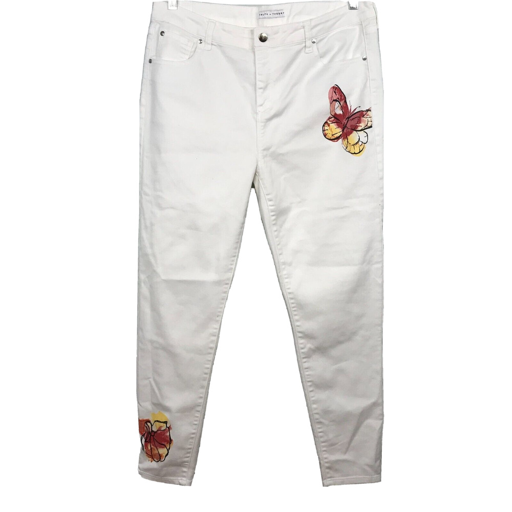 Truth Theory Pants Womens Sz 16 White Butterfly High Rise Skinny Stretch Cotton
